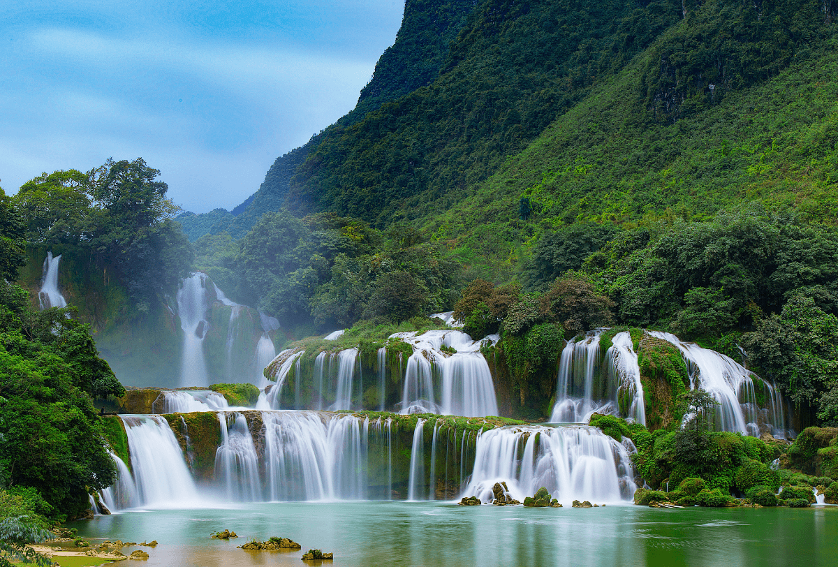 Cascades d'eau au cœur d'une forêt verdoyante, entourées de feuillage luxuriant et de nature apaisante.