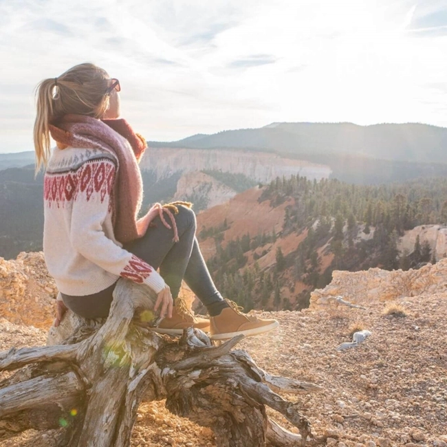 Femme assise sur une souche d'arbre dans les montagnes, entourée de paysages naturels majestueux.