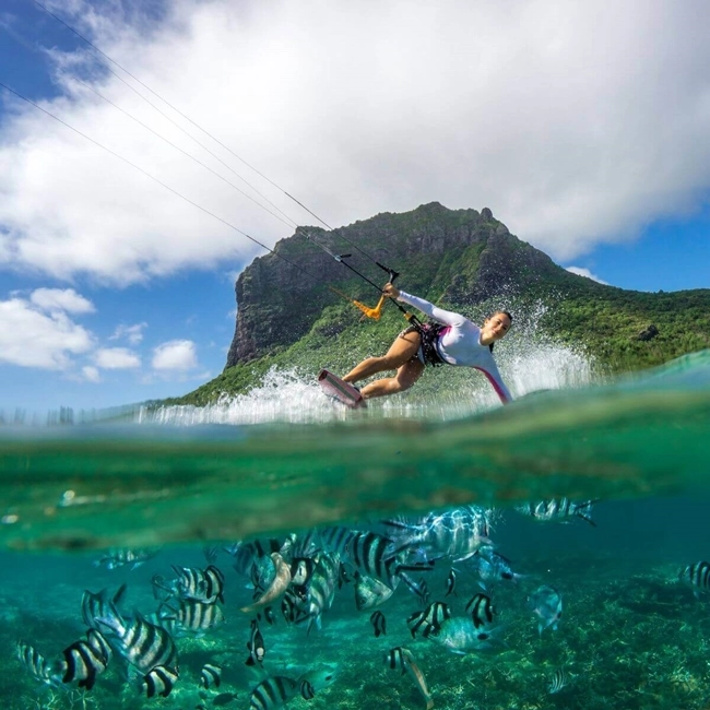 Une personne fait du kite surf dans l'océan, entourée de poissons nageant autour d'elle.