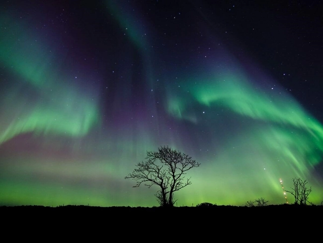 The Aurora Borealis illuminates the night sky, a natural phenomenon resulting from the collision of solar particles with the Earth's atmosphere.