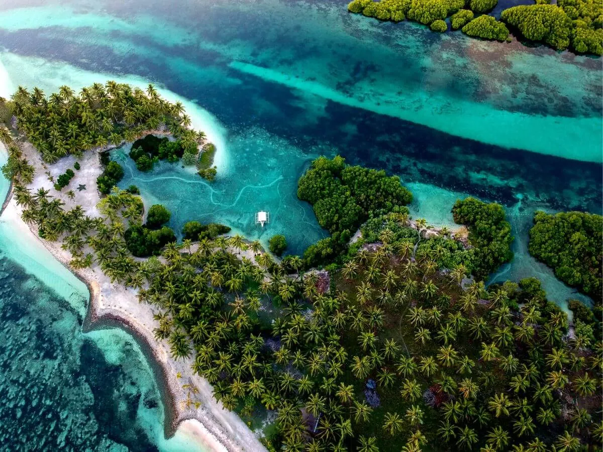 Aerial view of a tropical island surrounded by ocean, featuring sandy beaches and lush vegetation.