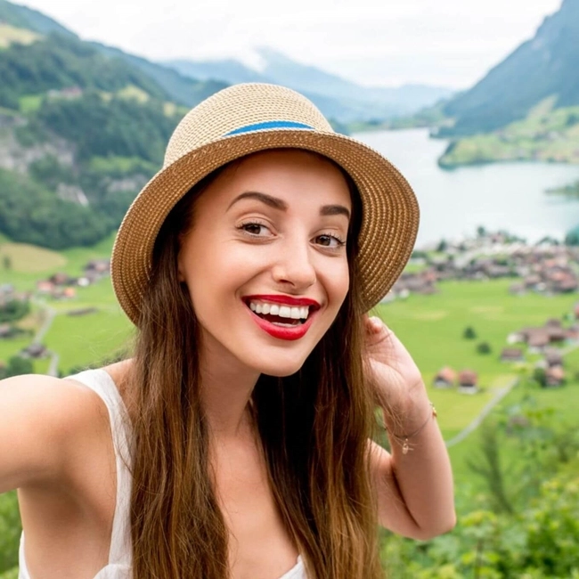 A woman taking a selfie while wearing a hat, smiling and capturing a moment of joy.